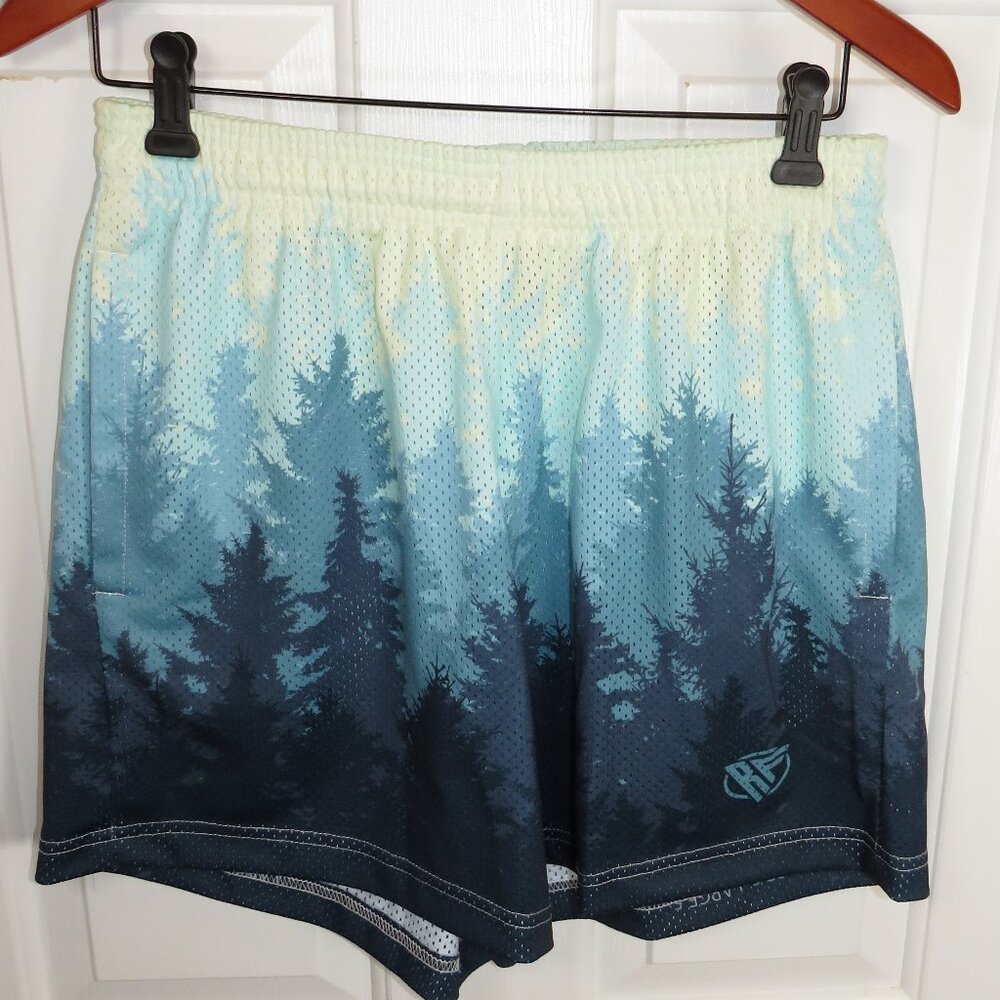 RF WEAR Forest Tree AOP Gradient Ombre Mesh Athletic Shorts Size LG -5" USA Made
